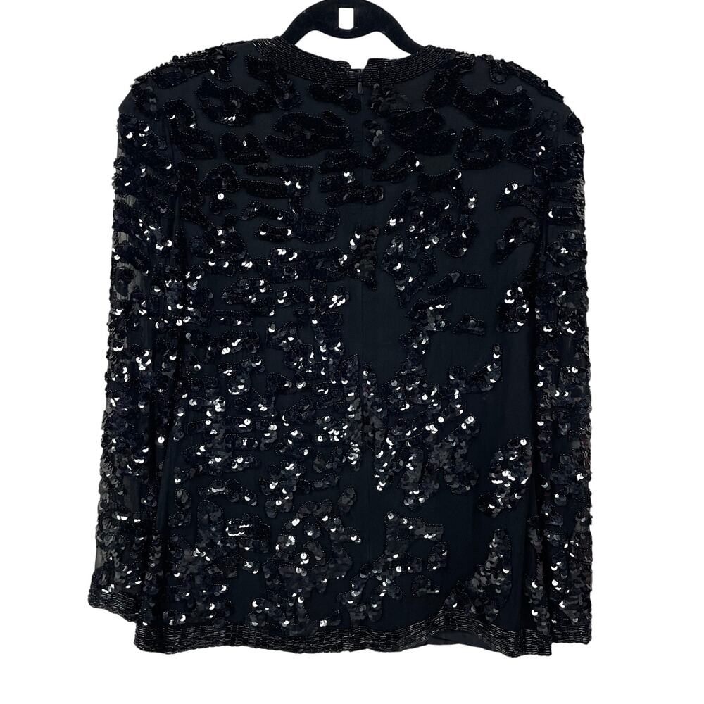 Vintage Nite Black Animal Print Sequin Sheer Sleeve Blouse Small